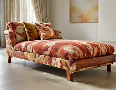   dormeuse in stile moderno  , tessuto vivace  , inserti in legno pregiato